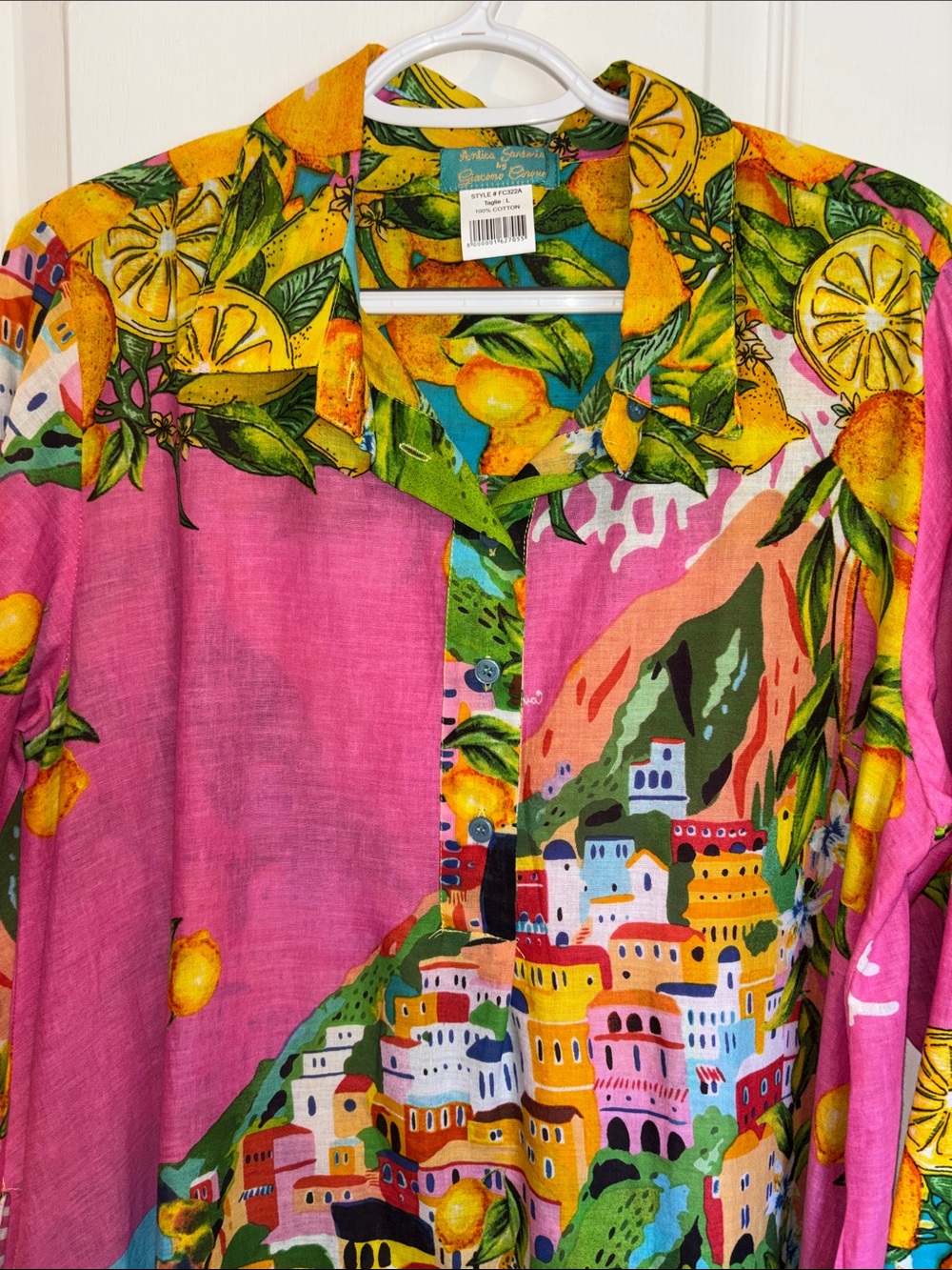 ANTICA SARTORIA MULTICOLORED 4 BUTTON DOWN COTTON DRESS LEMON AND VILLAGE PRINT - Picture 4 of 12